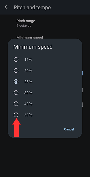 Select 15%, 20%, 25%, 30%, 40% or 50% speed