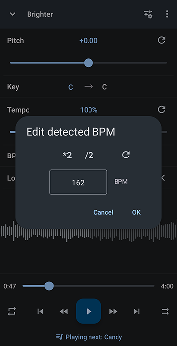 BPM adjust the value by tapping on it