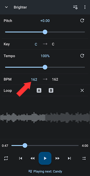 Music Speed Changer will detect the beat and show it as the first value