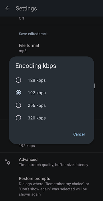 128 kbps, 192 kbps, 265 kbps and 320 kbps Encoding kbps