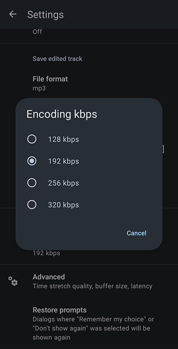 Tap Encoding kbps to Change the encoding