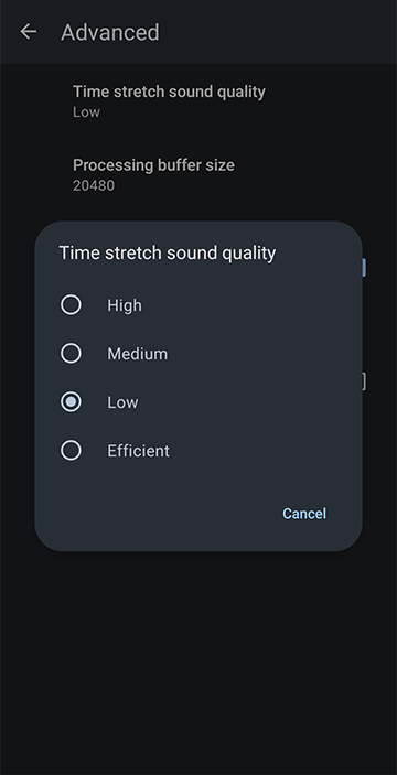 Set Time stretch sound quality to low