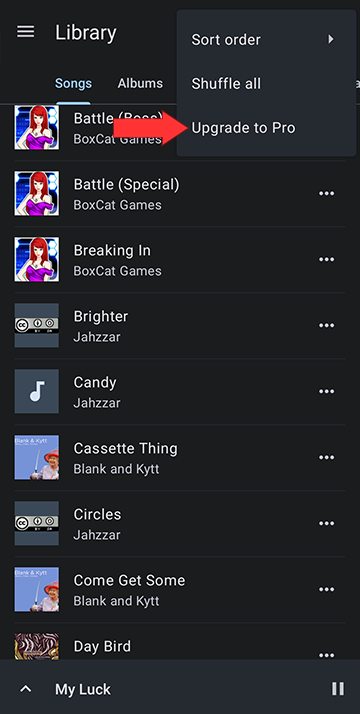 Accessing the upgrade to Pro functionality through the library main menu