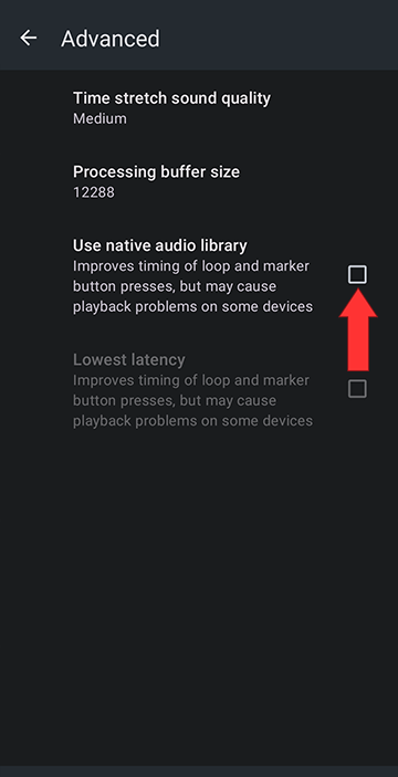 Uncheck Use native audio library