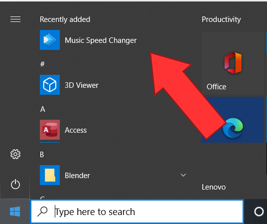 Open Music Speed Changer PC App from Start Menu