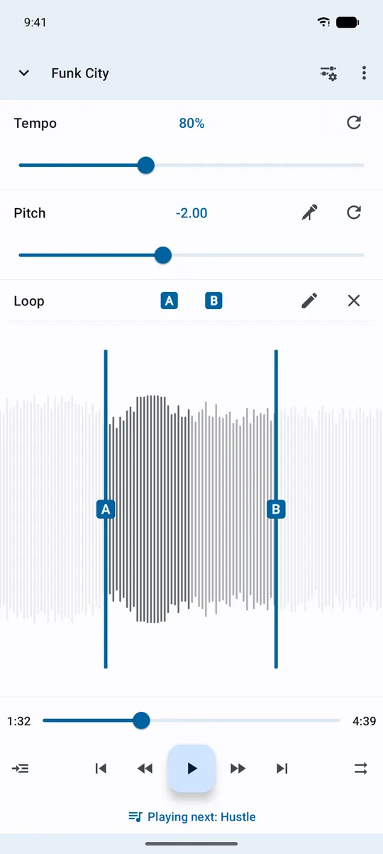 Music Speed Changer on Android: a song slowed to 80% and lowered two semitones, with an A–B practice loop marked on the waveform