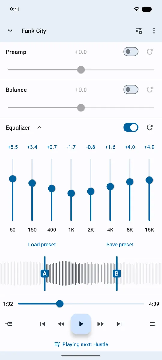 8-band equalizer on Android from 60 Hz to 16 kHz, with preamp, balance and presets