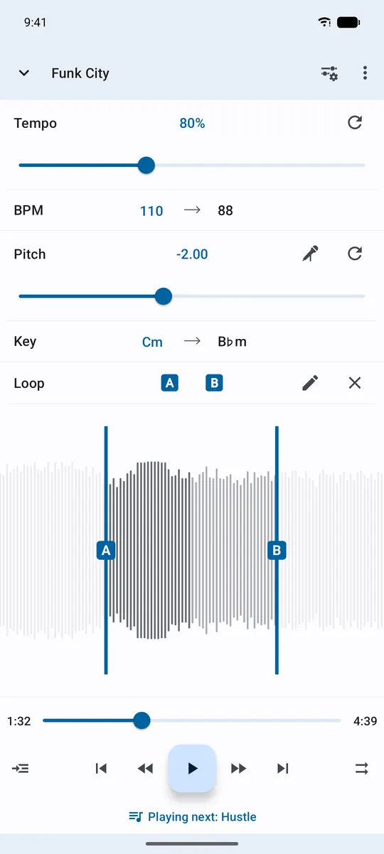 Key and BPM on Android: 110 BPM becomes 88 at 80% tempo, and C minor becomes B-flat minor two semitones down