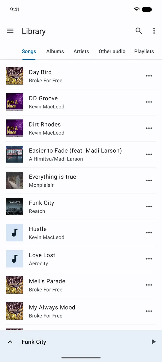 Music library on Android with songs, albums, artists, other audio and playlists