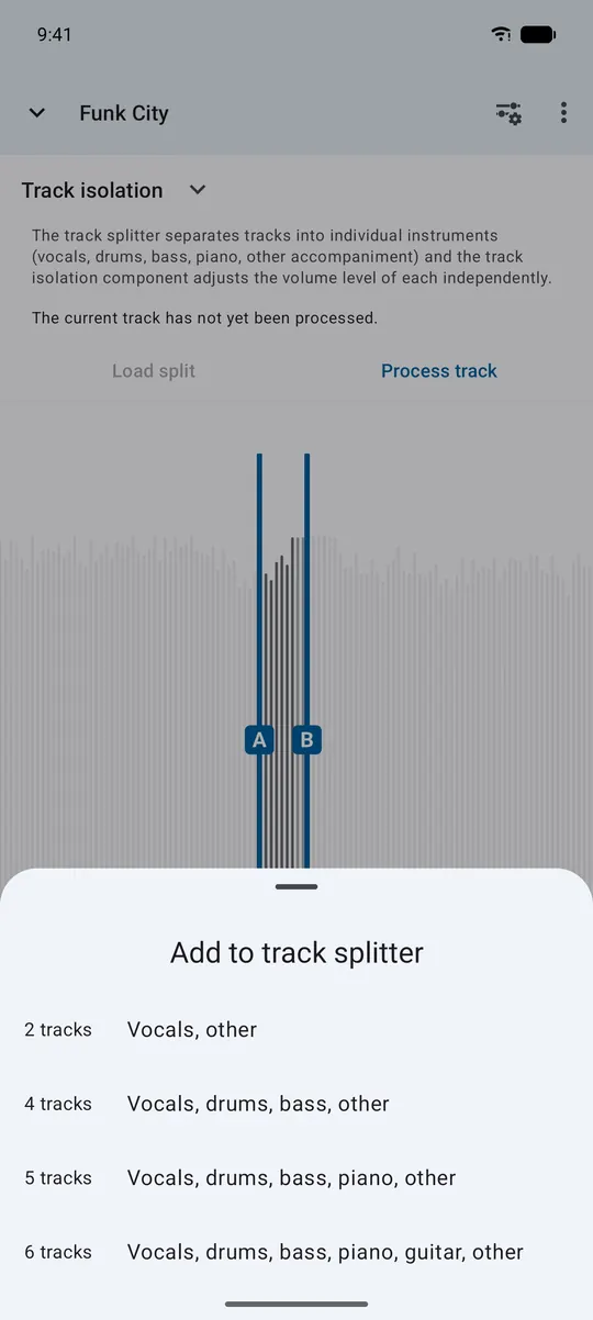 Track splitter menu on Android offering 2, 4, 5 or 6 tracks, including vocals, drums, bass, piano and guitar