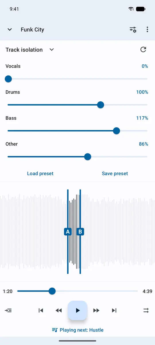 Track isolation on Android with the vocals muted and the bass turned up